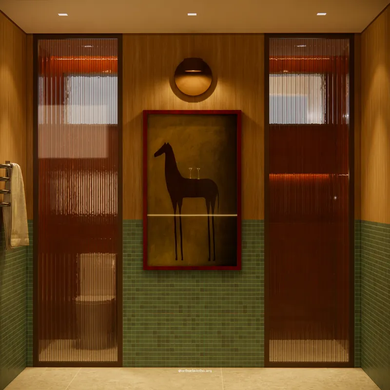 Banheiro Horse - Micromosaico verde e obra equestre